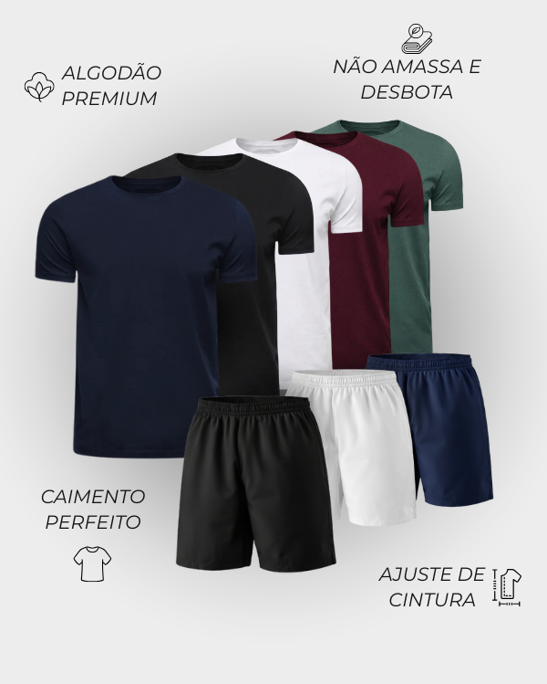 Kit 5 Camisetas Básicas + 3 Bermudas Masculinas